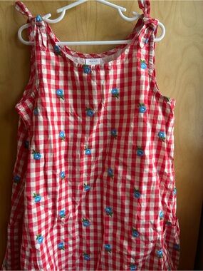 Hanna Andersson Red & White Gingham Dress with Blue Floral Embroidery